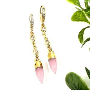Pink chalcedony charms hung on new 14k gold-fill huggie hoops